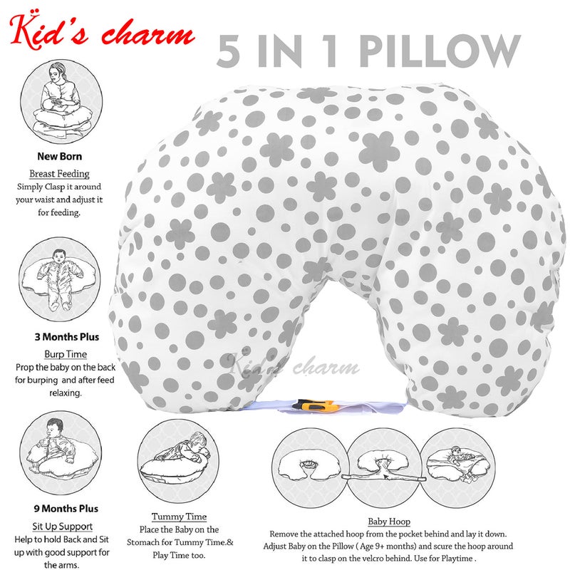 Kid's Charm Kid's Charm Clover 3 PCS Combo Set |3 in 1 Baby's Cotton Bed Cum Carry Bed|5 in 1 Baby's Cotton Breast Feeding Pillow with Safety Belt|2 in 1 Baby's Cotton with Mosquito Net for 0-4 Months (Grey) - Image 4