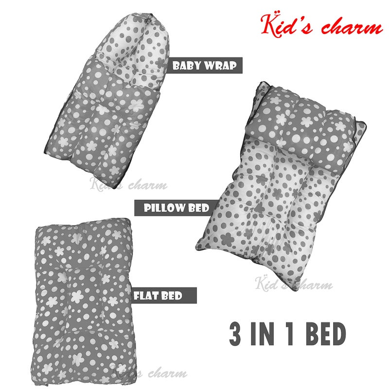Kid's Charm Kid's Charm Clover 3 PCS Combo Set |3 in 1 Baby's Cotton Bed Cum Carry Bed|5 in 1 Baby's Cotton Breast Feeding Pillow with Safety Belt|2 in 1 Baby's Cotton with Mosquito Net for 0-4 Months (Grey) - Image 2