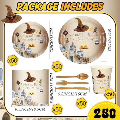 Skybooly 350 Pcs Magical Wizard Party Decorations Supplies A Magical Bundle Is On The Way Tableware Set Disposable Plates Cups Napkins Cutlery for Birthday Shower Wizard Party Serve 50 - Image 5