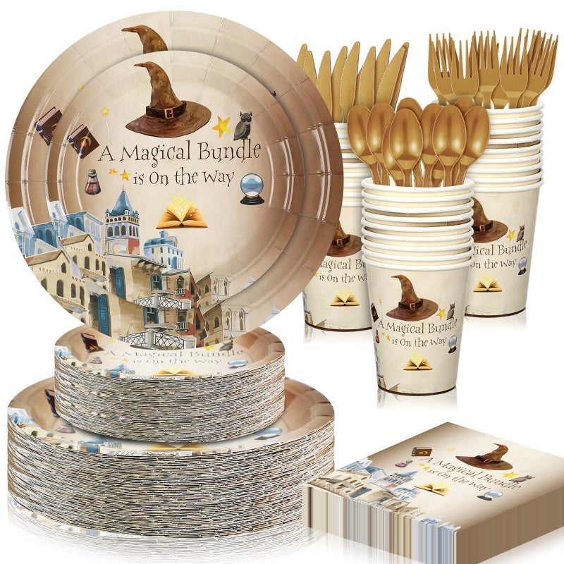 Skybooly 350 Pcs Magical Wizard Party Decorations Supplies A Magical Bundle Is On The Way Tableware Set Disposable Plates Cups Napkins Cutlery for Birthday Shower Wizard Party Serve 50 - Image 3