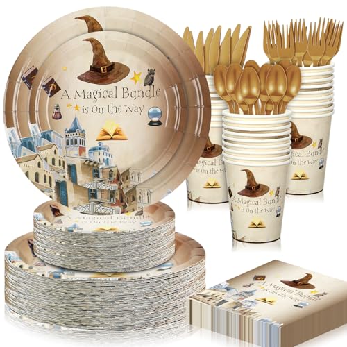 Skybooly 350 Pcs Magical Wizard Party Decorations Supplies A Magical Bundle Is On The Way Tableware Set Disposable Plates Cups Napkins Cutlery for Birthday Shower Wizard Party Serve 50 - Image 1