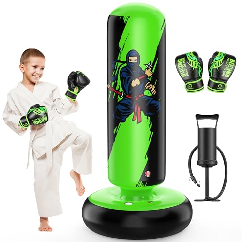 QPAU Punching Bag for Kids, 66 Inch Stable Inflatable Boxing Bag with Boxing Gloves, Stand Kids Punching Bag Toy for Boys & Girls Age 6-12, Boxing Set for Practicing Karate, Taekwondo, MMA - Image 1