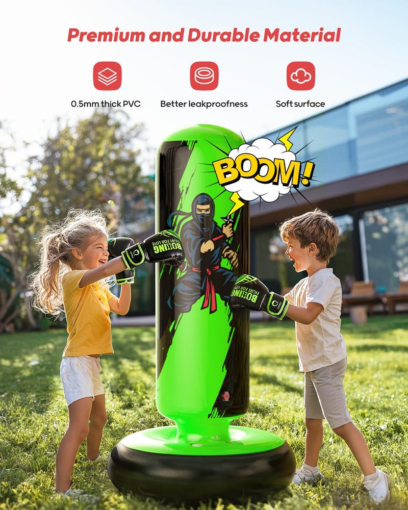 QPAU Punching Bag for Kids, 66 Inch Stable Inflatable Boxing Bag with Boxing Gloves, Stand Kids Punching Bag Toy for Boys & Girls Age 6-12, Boxing Set for Practicing Karate, Taekwondo, MMA - Image 2