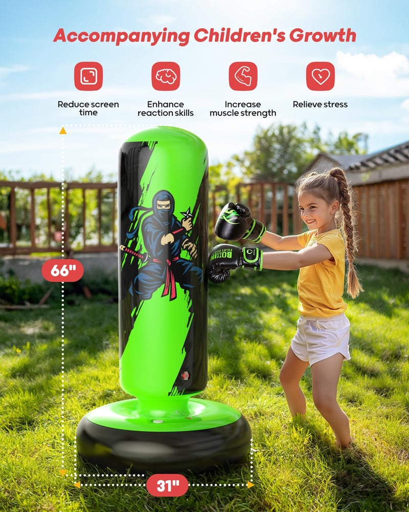 QPAU Punching Bag for Kids, 66 Inch Stable Inflatable Boxing Bag with Boxing Gloves, Stand Kids Punching Bag Toy for Boys & Girls Age 6-12, Boxing Set for Practicing Karate, Taekwondo, MMA - Image 3