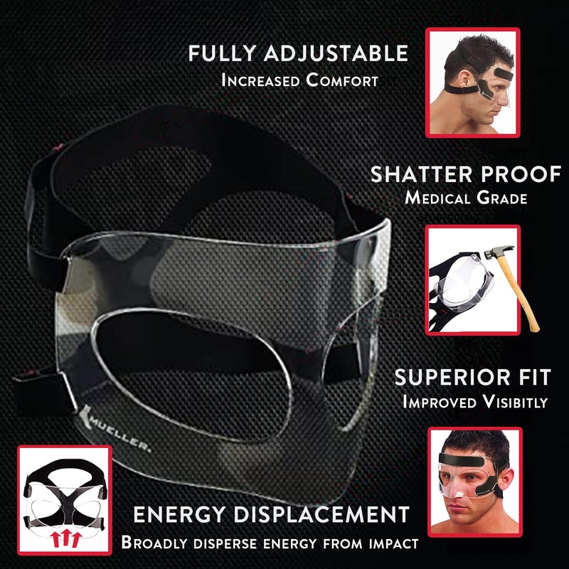 Mueller حماية الوجه من مويلر للطب الرياضي، قناع وجه شفاف قابل للتعديل للرجال والنساء، حماية للأنف والخدود لكرة السلة والإجراءات التجميلية، مقاوم للكسر مع حشوة فوم، مقاس واحد - Image 5