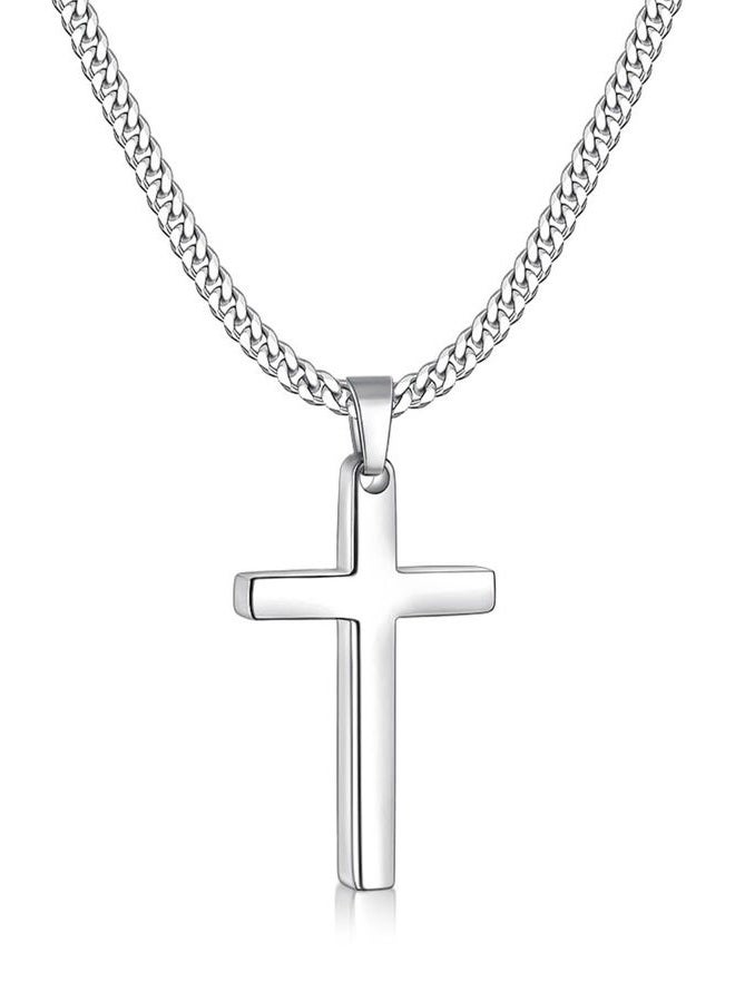 Fiusem Silver Tone Cross Necklace for Men, Mens Cross Necklaces with 3.5mm Chain and Stainless Steel Pendant, Cuban Chain 16-24 Inches, 18 Inches, Stainless Steel, No Gemstone - Image 1