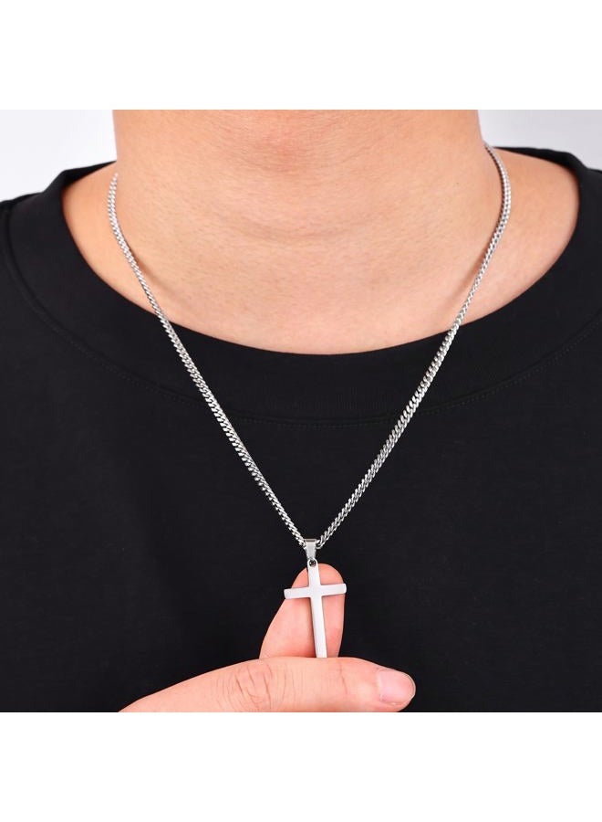 Fiusem Silver Tone Cross Necklace for Men, Mens Cross Necklaces with 3.5mm Chain and Stainless Steel Pendant, Cuban Chain 16-24 Inches, 18 Inches, Stainless Steel, No Gemstone - Image 3