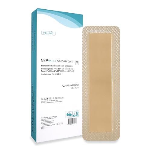 MedVance Bordered Adhesive Silicone Foam Dressing Pack of 10 - Waterproof Silicone Pad - Easy Apply & Remove Sterile Bandages - Wound Care & Dressings for Burns & More (4"x12" Bandage, 2.4"x10.4" Pad) - Image 1