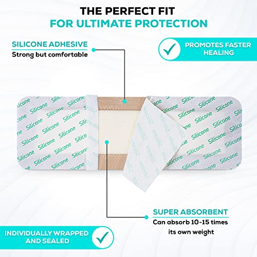 MedVance Bordered Adhesive Silicone Foam Dressing Pack of 10 - Waterproof Silicone Pad - Easy Apply & Remove Sterile Bandages - Wound Care & Dressings for Burns & More (4"x12" Bandage, 2.4"x10.4" Pad) - Image 2