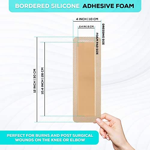 MedVance Bordered Adhesive Silicone Foam Dressing Pack of 10 - Waterproof Silicone Pad - Easy Apply & Remove Sterile Bandages - Wound Care & Dressings for Burns & More (4"x12" Bandage, 2.4"x10.4" Pad) - Image 3