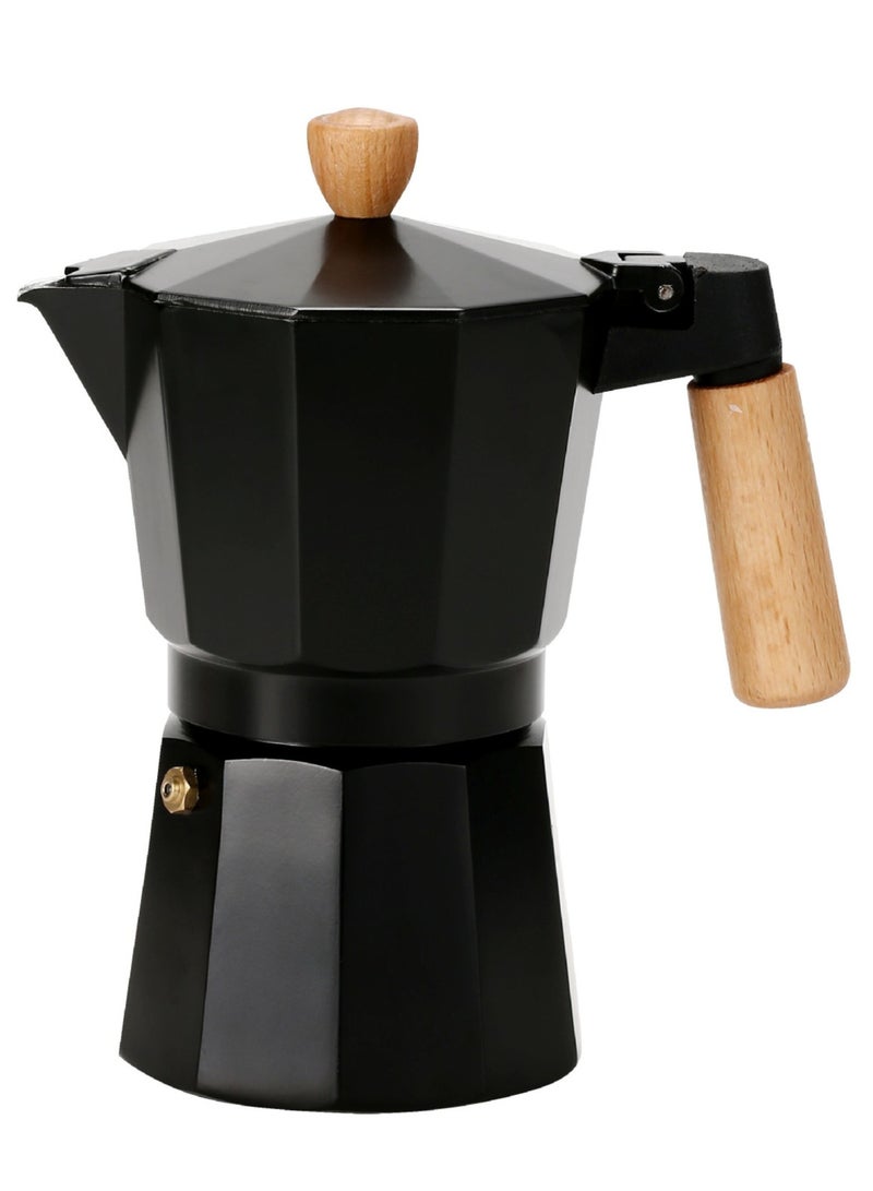 Moka Pot Espresso Maker – 3-Cup Capacity (150 ml), made of pure aluminum with an elegant black finish and a durable, heat-resistant wooden handle.  - Image 1