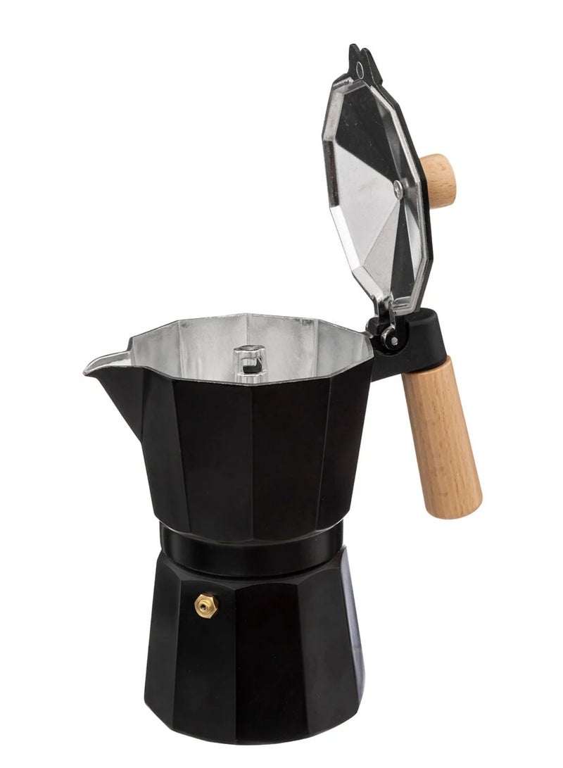 Moka Pot Espresso Maker – 3-Cup Capacity (150 ml), made of pure aluminum with an elegant black finish and a durable, heat-resistant wooden handle.  - Image 2