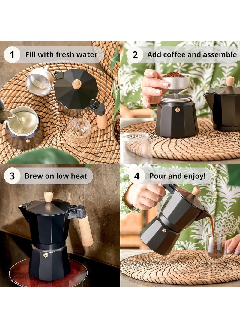 Moka Pot Espresso Maker – 3-Cup Capacity (150 ml), made of pure aluminum with an elegant black finish and a durable, heat-resistant wooden handle.  - Image 4