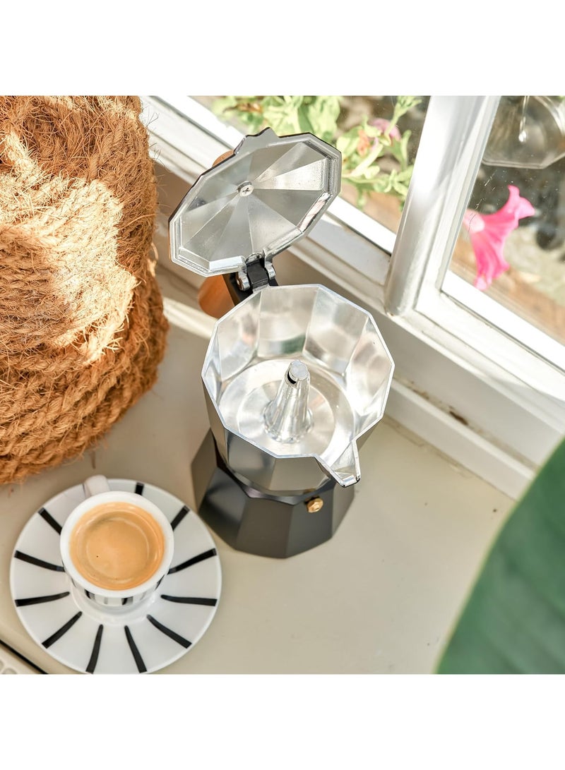 Moka Pot Espresso Maker – 3-Cup Capacity (150 ml), made of pure aluminum with an elegant black finish and a durable, heat-resistant wooden handle.  - Image 5
