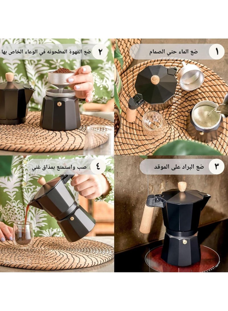Moka Pot Espresso Maker – 3-Cup Capacity (150 ml), made of pure aluminum with an elegant black finish and a durable, heat-resistant wooden handle.  - Image 3