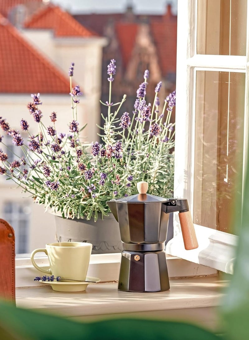 كنكة موكا بوت لتحضير الإسبريسو – سعة 3 أكواب (150 مل)، مصنوعة من الألمنيوم النقي بلون أسود أنيق، مع يد خشبية عالية التحمل ومقاومة للحرارة - Image 2