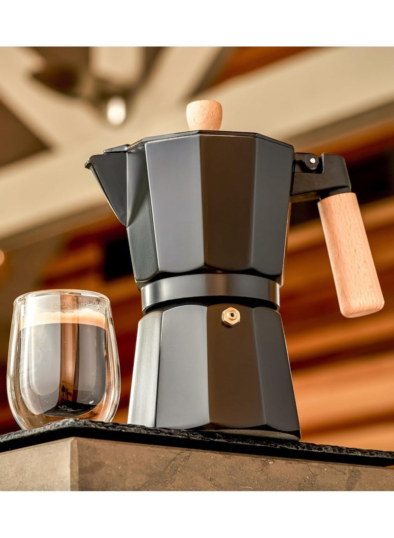 كنكة موكا بوت لتحضير الإسبريسو – سعة 3 أكواب (150 مل)، مصنوعة من الألمنيوم النقي بلون أسود أنيق، مع يد خشبية عالية التحمل ومقاومة للحرارة - Image 3