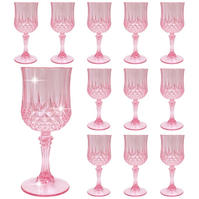 PLASTIC WINE GLASSESPLASTIC GOBLETS VINTAGE STYLE CORDIAL DRINKING GLASSES FOR WEDDING RECEPTION GRAND EVENT PARTY SUPPLIES 12 PINK