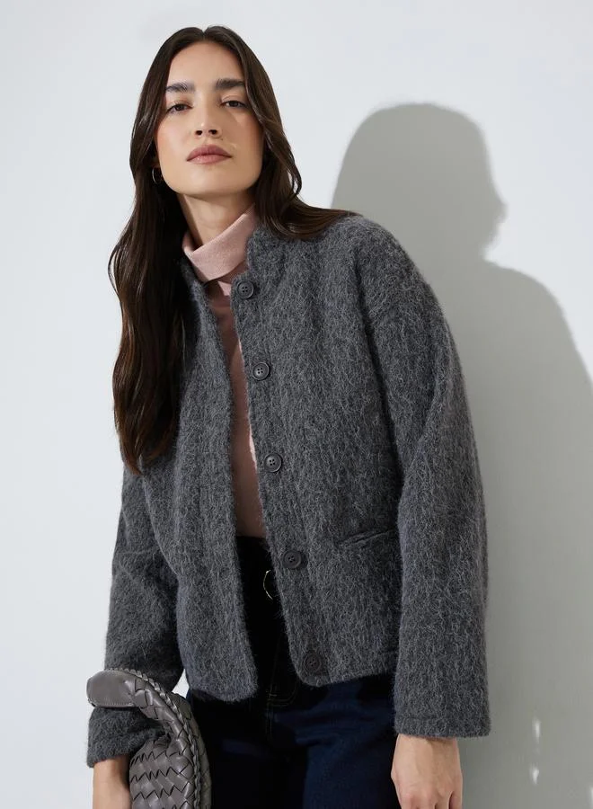 ستايلي Charcoal Regular Fit Wool-Like Trucker Jacket