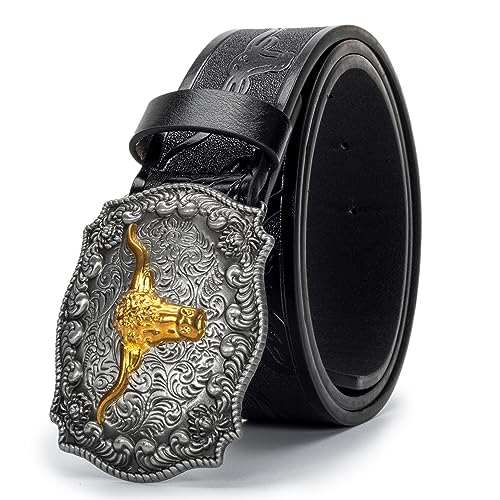 Eohak Western-Cowboy-Belts for Men Women Floral-Engraved-Belt with Longhorn-Bull-Head-Belt Buckle Suitable for Waist 29"-37" - Image 1