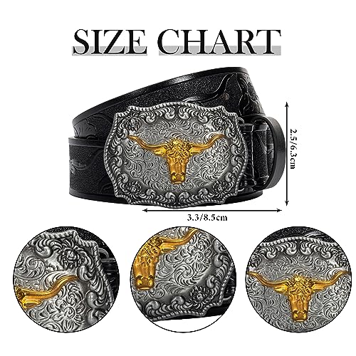 Eohak Western-Cowboy-Belts for Men Women Floral-Engraved-Belt with Longhorn-Bull-Head-Belt Buckle Suitable for Waist 29"-37" - Image 5