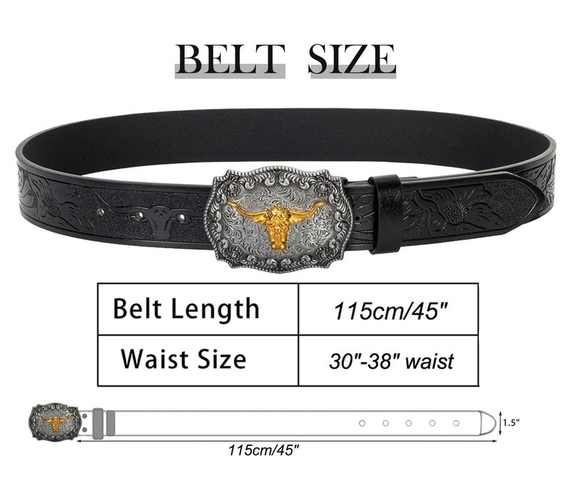 Eohak Western-Cowboy-Belts for Men Women Floral-Engraved-Belt with Longhorn-Bull-Head-Belt Buckle Suitable for Waist 29"-37" - Image 3