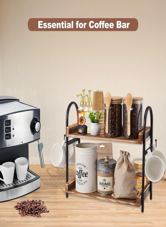 BDBDYEAY Coffee Bar Accessories, 2-Tier Coffee Bar Organizer with 4 Coffee Cup Holder Hooks, Mul-tifunctional Wooden Beaded Coffee Station Countertop Stand Shelf for Kitchen Home Office - Image 2