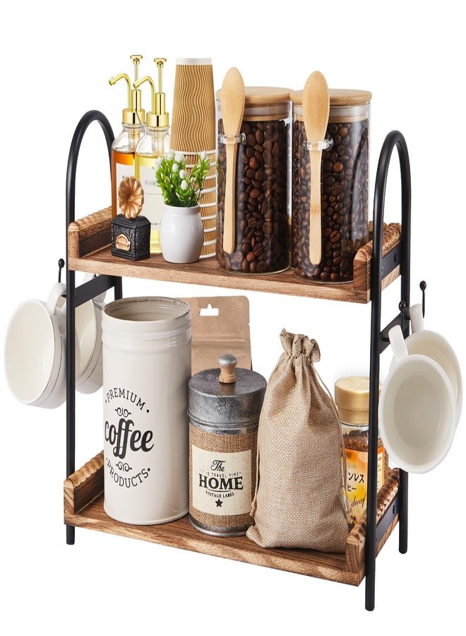 BDBDYEAY Coffee Bar Accessories, 2-Tier Coffee Bar Organizer with 4 Coffee Cup Holder Hooks, Mul-tifunctional Wooden Beaded Coffee Station Countertop Stand Shelf for Kitchen Home Office - Image 1