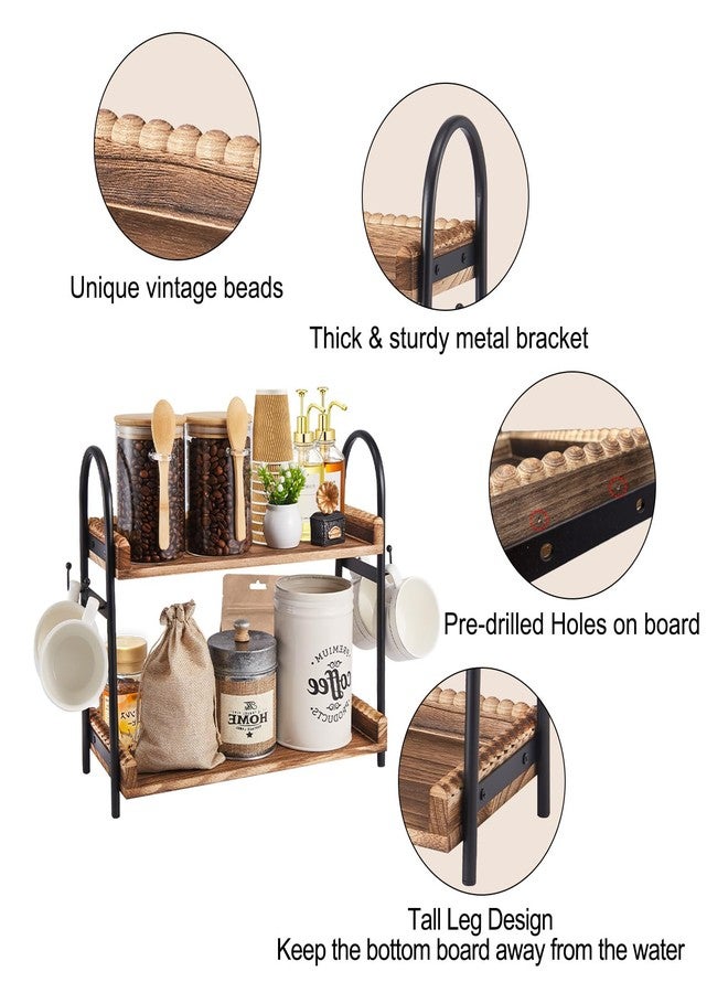 BDBDYEAY Coffee Bar Accessories, 2-Tier Coffee Bar Organizer with 4 Coffee Cup Holder Hooks, Mul-tifunctional Wooden Beaded Coffee Station Countertop Stand Shelf for Kitchen Home Office - Image 3