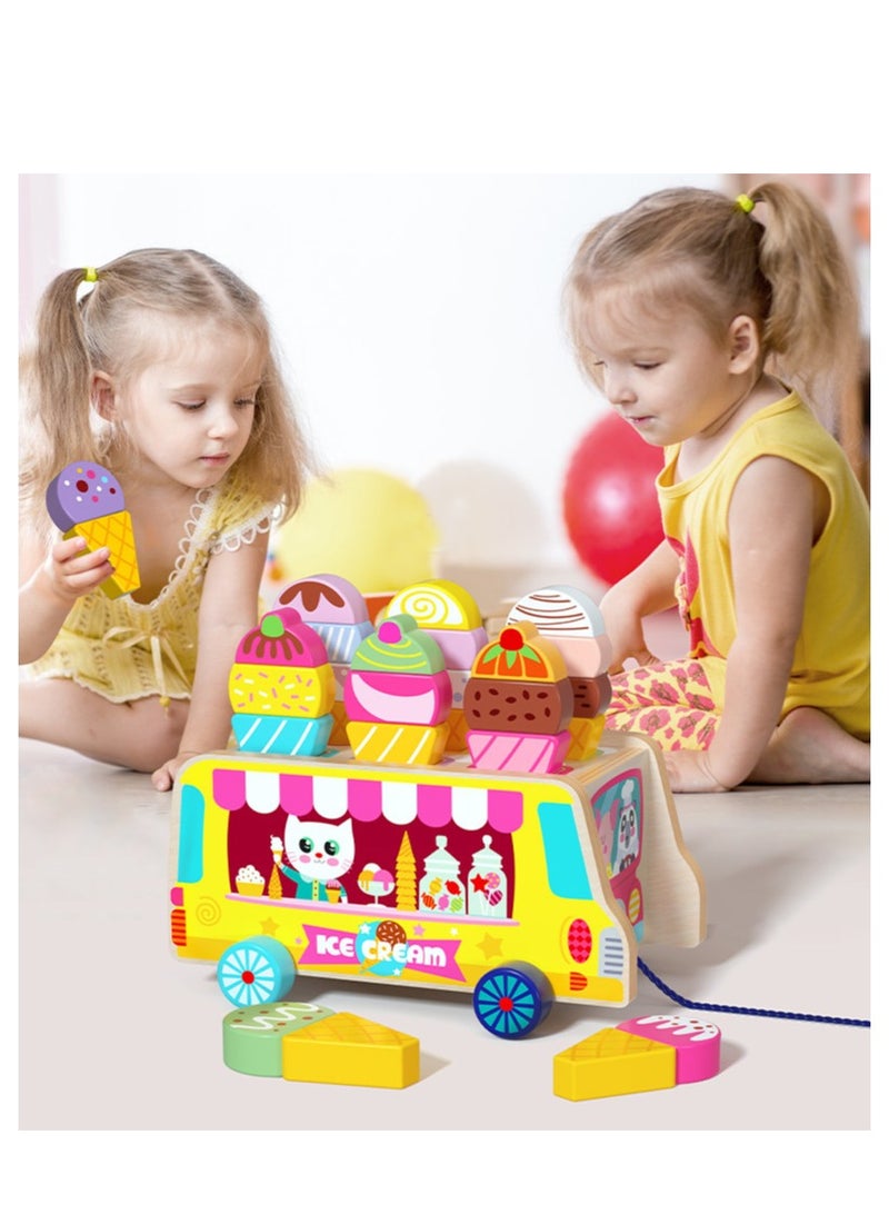 خشبية الآيس كريم عربة لعب للأطفال الصغار التظاهر اللعب الغذاء فرز التراص اللعب الآيس كريم شاحنة ألعاب مونتيسوري للأطفال 2-5 سنوات من العمر الفتيات الفتيان هدايا عيد - Image 1