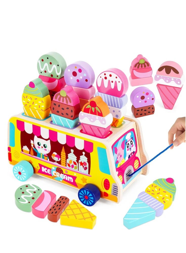 خشبية الآيس كريم عربة لعب للأطفال الصغار التظاهر اللعب الغذاء فرز التراص اللعب الآيس كريم شاحنة ألعاب مونتيسوري للأطفال 2-5 سنوات من العمر الفتيات الفتيان هدايا عيد - Image 2