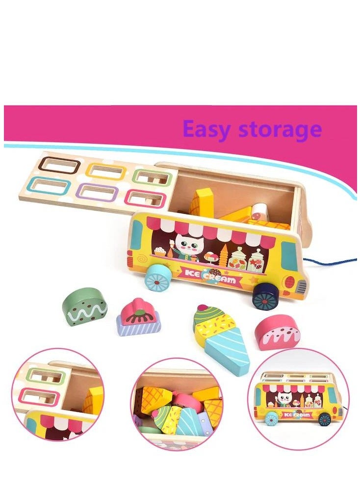خشبية الآيس كريم عربة لعب للأطفال الصغار التظاهر اللعب الغذاء فرز التراص اللعب الآيس كريم شاحنة ألعاب مونتيسوري للأطفال 2-5 سنوات من العمر الفتيات الفتيان هدايا عيد - Image 3