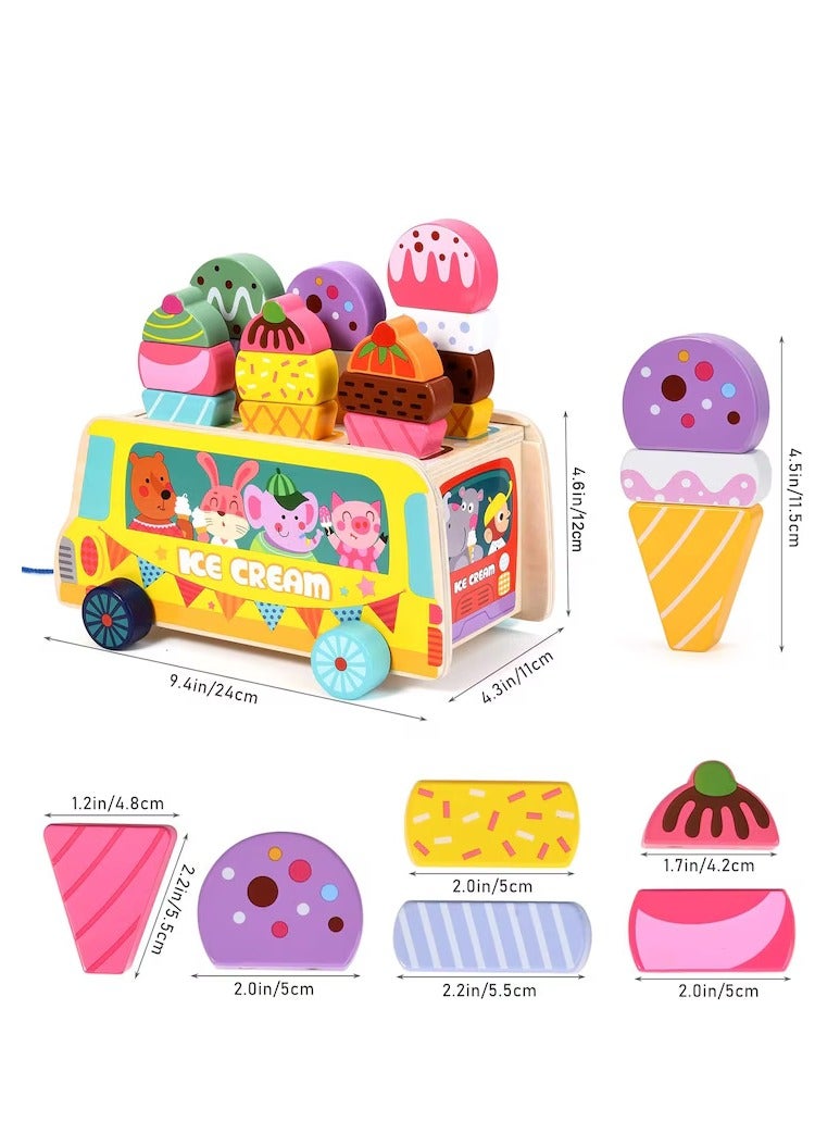 خشبية الآيس كريم عربة لعب للأطفال الصغار التظاهر اللعب الغذاء فرز التراص اللعب الآيس كريم شاحنة ألعاب مونتيسوري للأطفال 2-5 سنوات من العمر الفتيات الفتيان هدايا عيد - Image 5