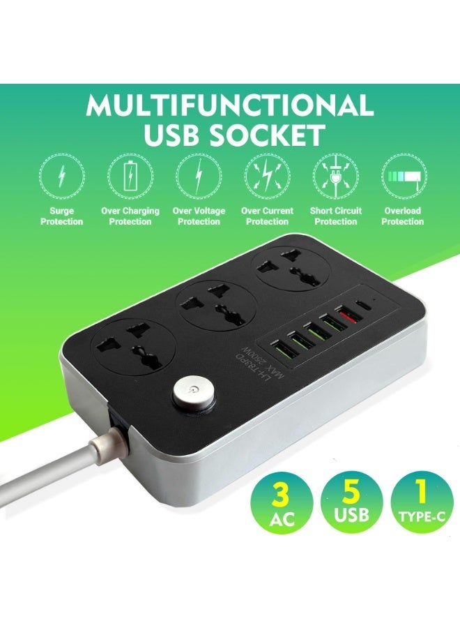 سلك تمديد عالمي 9 في 1 بطول 5 أمتار مع 3 مقابس طاقة و 6 فتحات شحن USB - Image 5