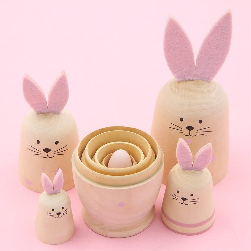 Winterworm Winterworm Set 5 Pieces Unpainted Bunny Wooden Russian Nesting Dolls Rabbit Matryoshka Dolls with Pink Ears for Kids Stacking Drawing Toy DIY Craft Christmas Birthday Easter Eggs Gift  - Image 3