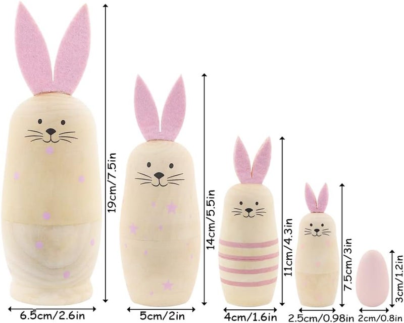 Winterworm Winterworm Set 5 Pieces Unpainted Bunny Wooden Russian Nesting Dolls Rabbit Matryoshka Dolls with Pink Ears for Kids Stacking Drawing Toy DIY Craft Christmas Birthday Easter Eggs Gift  - Image 2