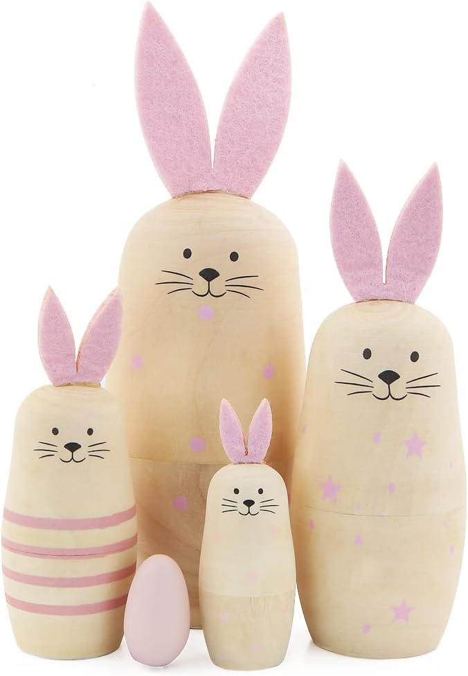 Winterworm Winterworm Set 5 Pieces Unpainted Bunny Wooden Russian Nesting Dolls Rabbit Matryoshka Dolls with Pink Ears for Kids Stacking Drawing Toy DIY Craft Christmas Birthday Easter Eggs Gift  - Image 1