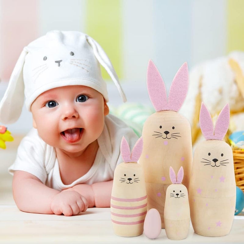 Winterworm Winterworm Set 5 Pieces Unpainted Bunny Wooden Russian Nesting Dolls Rabbit Matryoshka Dolls with Pink Ears for Kids Stacking Drawing Toy DIY Craft Christmas Birthday Easter Eggs Gift  - Image 4