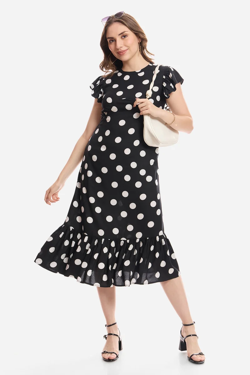 فيرجيو Polka Dots Viscose Flutter Sleeve Midi Dress for Women