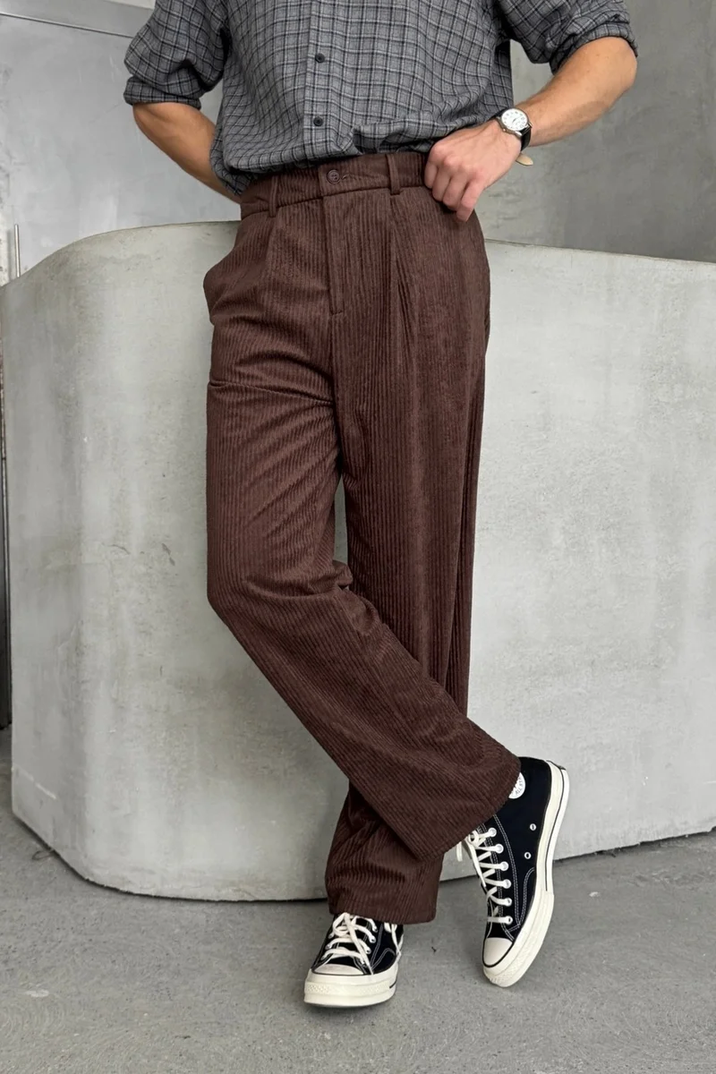 هايمان Men's Pleated Baggy Pattern Velvet Trousers