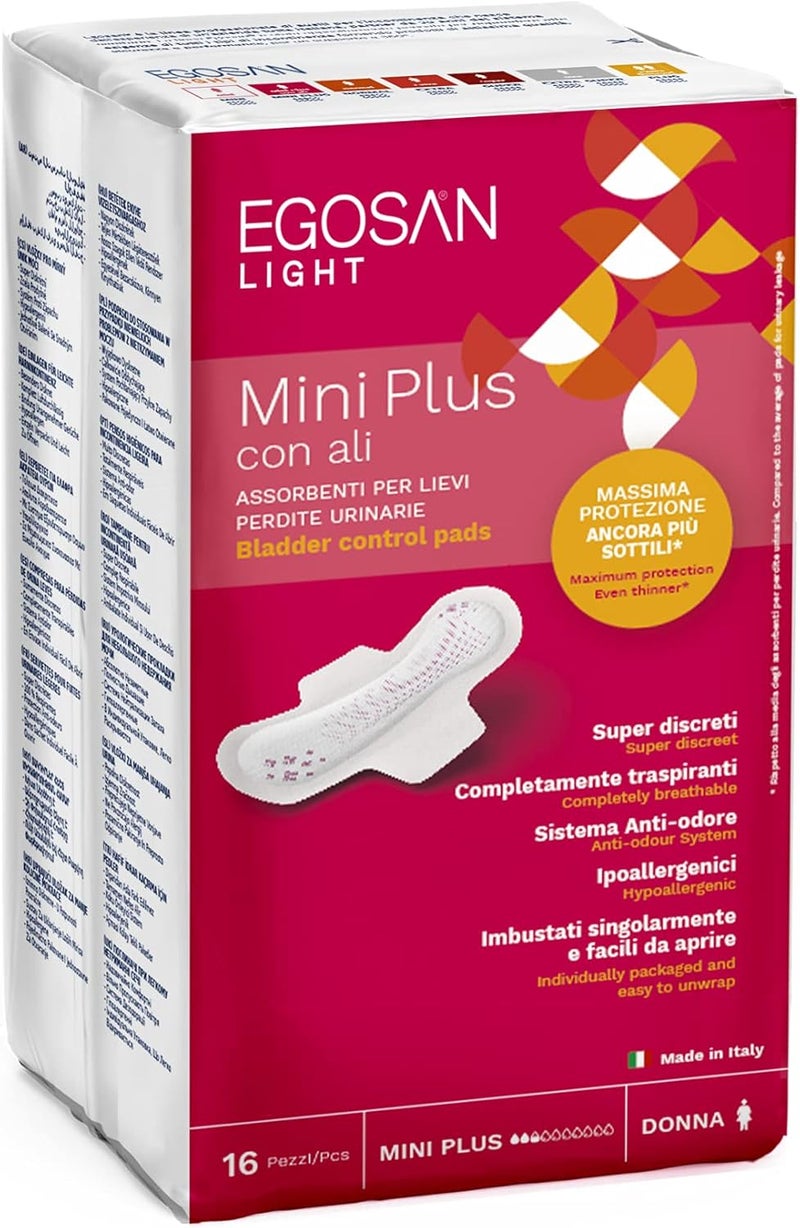 Egosan Mini Plus Incontinence Pads for Women, 16 Count, Thin, Light, Discreet, Hypoallergenic, Odor Control, Italian Design