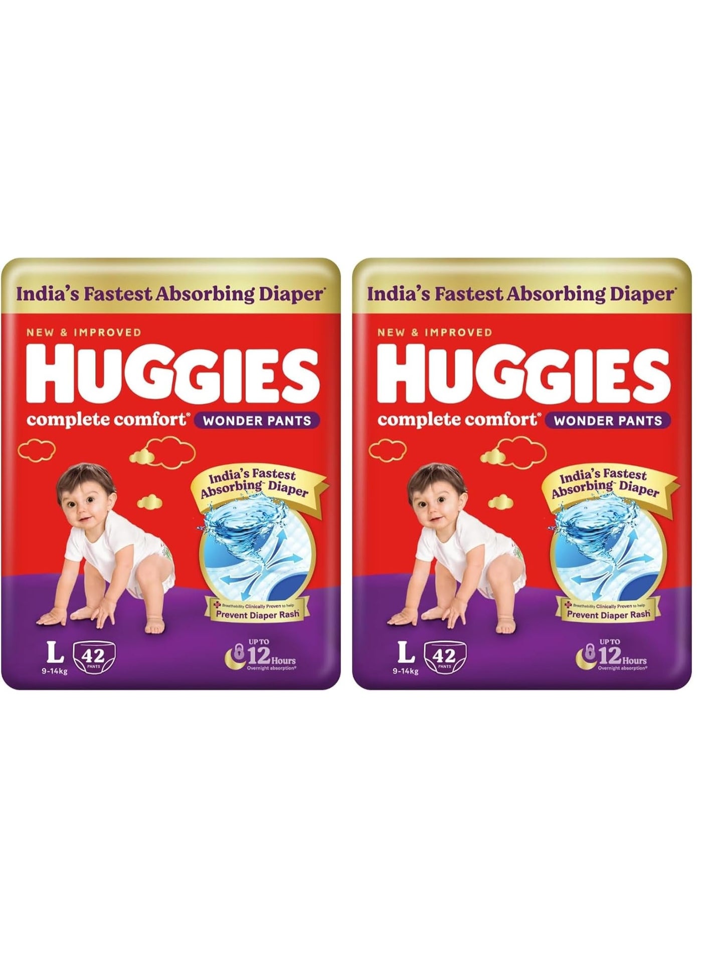 Huggies Complete Comfort Wonder Pants | Pant Style Baby Diapers L Size, 42 Count | India's Fastest Absorbing Diaper, Patented Dry Xpert Channel, Ideal for 9 to 14 Kgs (Pack of 2)