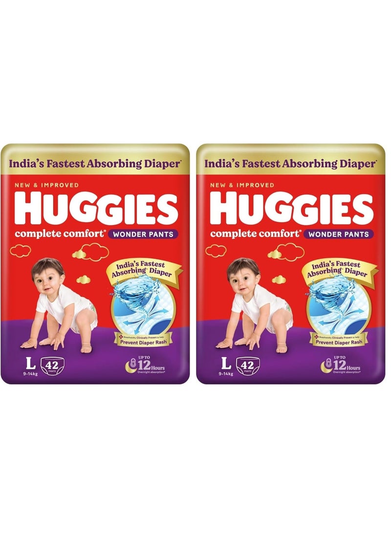 Huggies Complete Comfort Wonder Pants | Pant Style Baby Diapers L Size, 42 Count | India's Fastest Absorbing Diaper, Patented Dry Xpert Channel, Ideal for 9 to 14 Kgs (Pack of 2) - Image 1