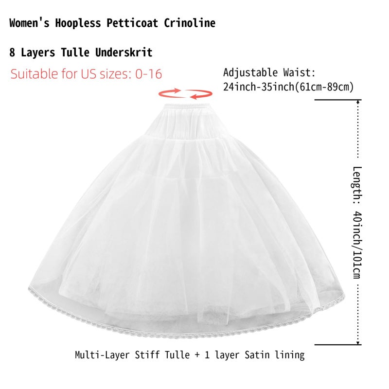 LJXploreMax 8 Layer Tulle Hoopless Crinoline Petticoat Underskirt for Women A-Line Long Fluffy Slip With Lace Trim for Bridal Wedding Dresses Ball Gown - Image 2
