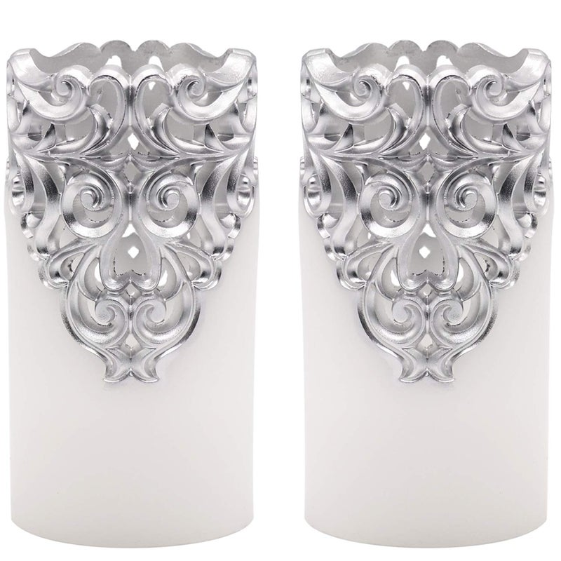 شموع DRomance الفضية الخالية من اللهب مع مؤقت 5 ساعات تعمل بالبطارية شموع عمودية LED غير معطرة ضوء دافئ زينة منزلية لعيد الميلاد مجموعة من 2 بحجم 3 × 6 بوصات