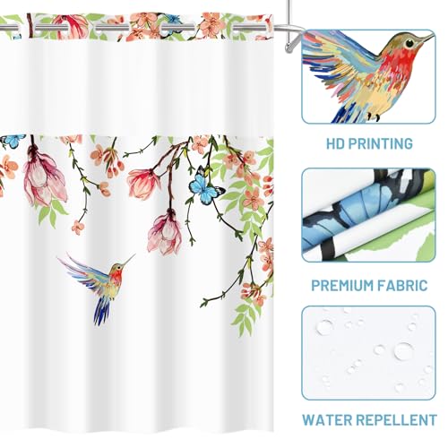 WITHLOC No Hook Shower Curtain with Snap in Liner - Fabric Waterproof Inner Liner, Plants Pink Floral Blue Nature Birds Cloth Shower Curtains Washable, 71 x 74 Inch - Image 4