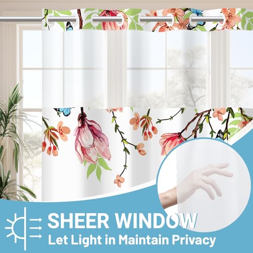 WITHLOC No Hook Shower Curtain with Snap in Liner - Fabric Waterproof Inner Liner, Plants Pink Floral Blue Nature Birds Cloth Shower Curtains Washable, 71 x 74 Inch - Image 2