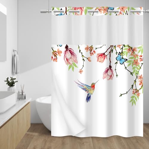 WITHLOC No Hook Shower Curtain with Snap in Liner - Fabric Waterproof Inner Liner, Plants Pink Floral Blue Nature Birds Cloth Shower Curtains Washable, 71 x 74 Inch - Image 1
