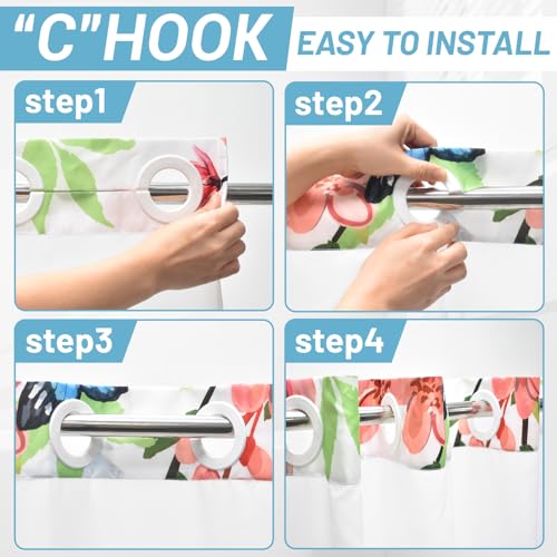 WITHLOC No Hook Shower Curtain with Snap in Liner - Fabric Waterproof Inner Liner, Plants Pink Floral Blue Nature Birds Cloth Shower Curtains Washable, 71 x 74 Inch - Image 3