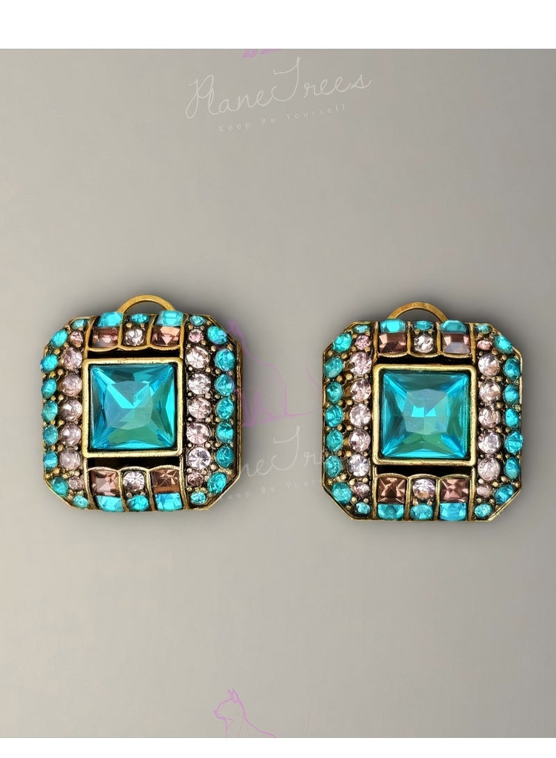 PLANE TREES Vintage Square Stud Earrings – Emerald Blue Center Stone with Multicolor Crystal Frame – Elegant Glam Jewelry for Women - Image 1